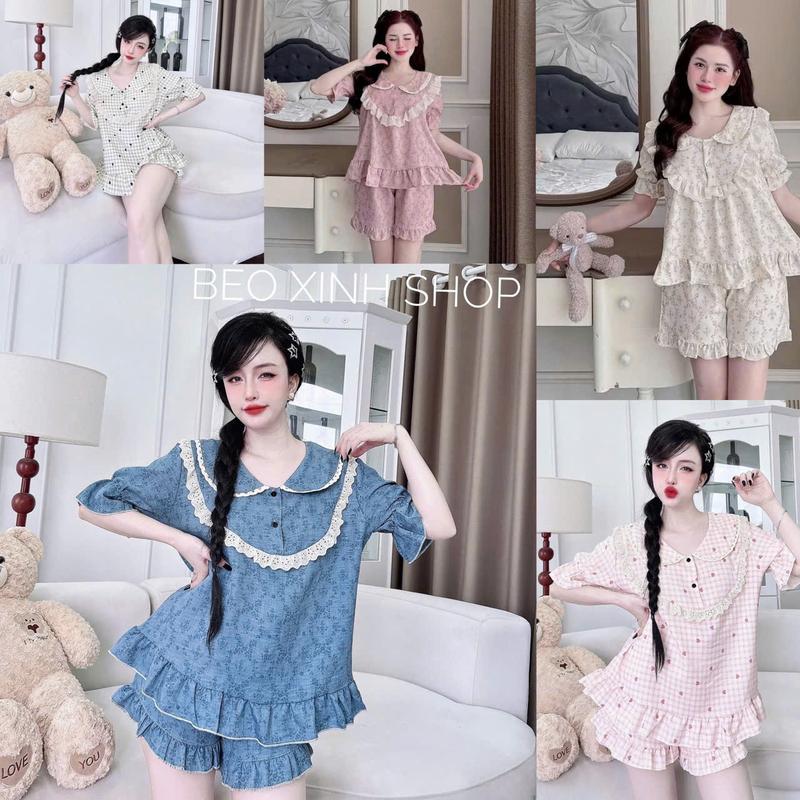 Đồ Bộ - Đồ Ngủ Quần Áo Đùi Đũi Vân Sóng Cotton Mềm Mát Tiểu Thư Cổ Bèo Pijama Bigsize 50-100kg Bộ Ngủ Nữ Nhung Lịch Women Quần Ngủ - A.5038