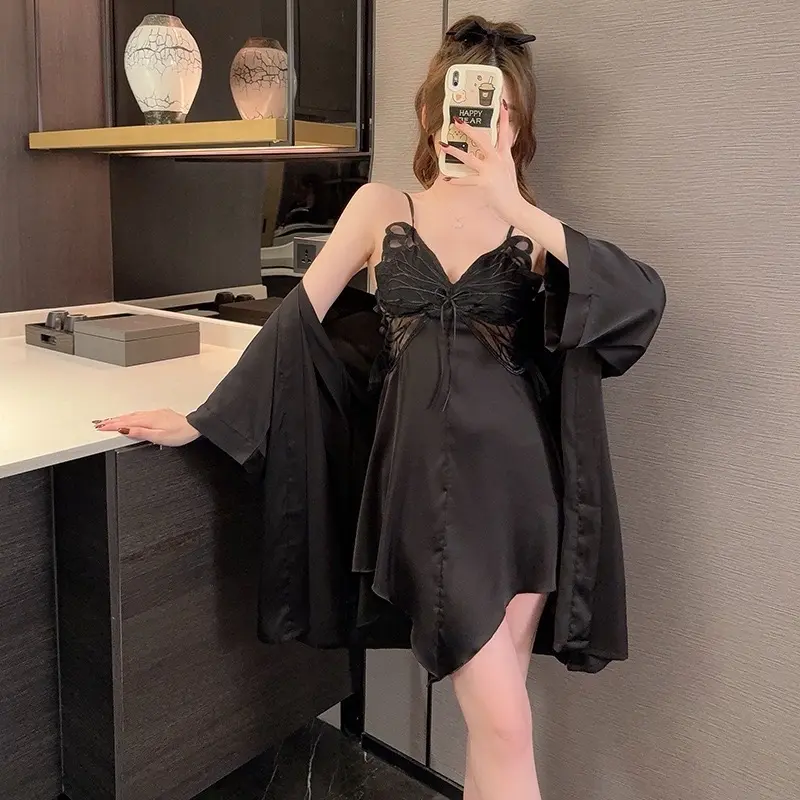 FELLY - One Set Baju Tidur Kimono Lingerie - Gaun Tidur Wanita - Baju Dinas Istri Satu Set - Dress Tidur Kekinian Dewasa Bahan Ice Silk Lembut Halus Adem