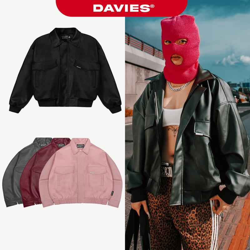 Áo khoác da bomber 2 lớp logo inox DAVIES màu đen thiết kế túi xéo và đường cắt tay áo độc đáo Classy Jacket| D32-AK6-DA