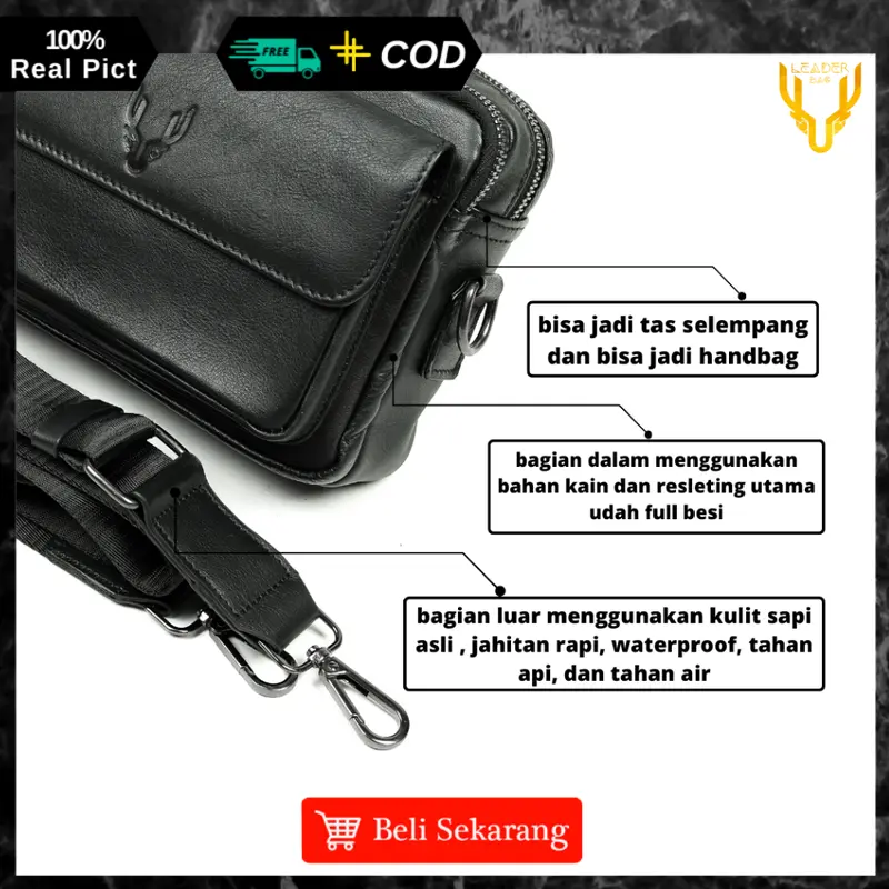 Tas Selempang Pria Kulit Sapi Asli Leaderbag Terbaru Hitam Waterproof Handbag Cowok Keren Branded Premium Multifungsi Clutchbag Slingbag 4