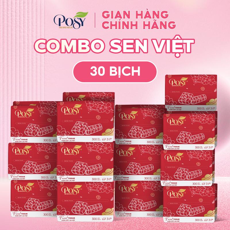  POSY | COMBO SEN VIỆT - Thùng 30 Gói Giấy Rút Posy Lotus 300 Tờ 3 Lớp Mềm Mịn Tiết Kiệm Dùng Cá Nhân Văn Phòng Gia Đình Kích Thước 115x180mm Thân Thiện Với Môi Trường 