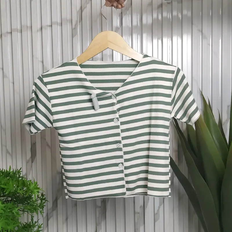 CROP TOP LENGAN PENDEK MOTIF GARIS GARIS KOREAN STYLE Wanita Atasan Baju Kaos Lembut Nyaman 2