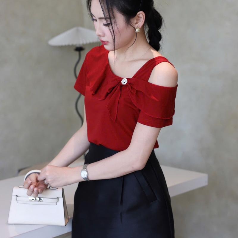 Áo cotton hàn cổ bèo lệch hở vai 1 bên