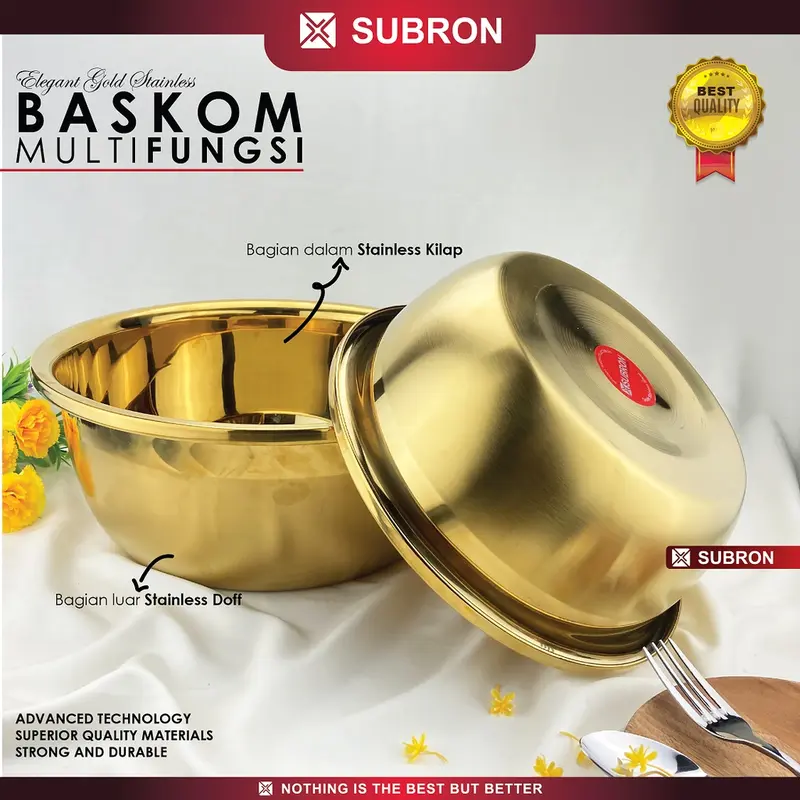 SUBRON Baskom Stainless Gold 24cm Tinggi Tebal Emas Multi Fungsi Wadah Sayur Cuci Daging Kilap Doff Steel 3
