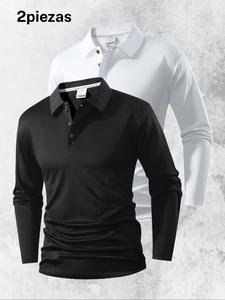 Conjunto de camisas tipo polo casual para hombre, paquete de 2, manga larga, tela tejida, diseño ajustado, ligera y de secado rápido, cómoda para uso todo el año