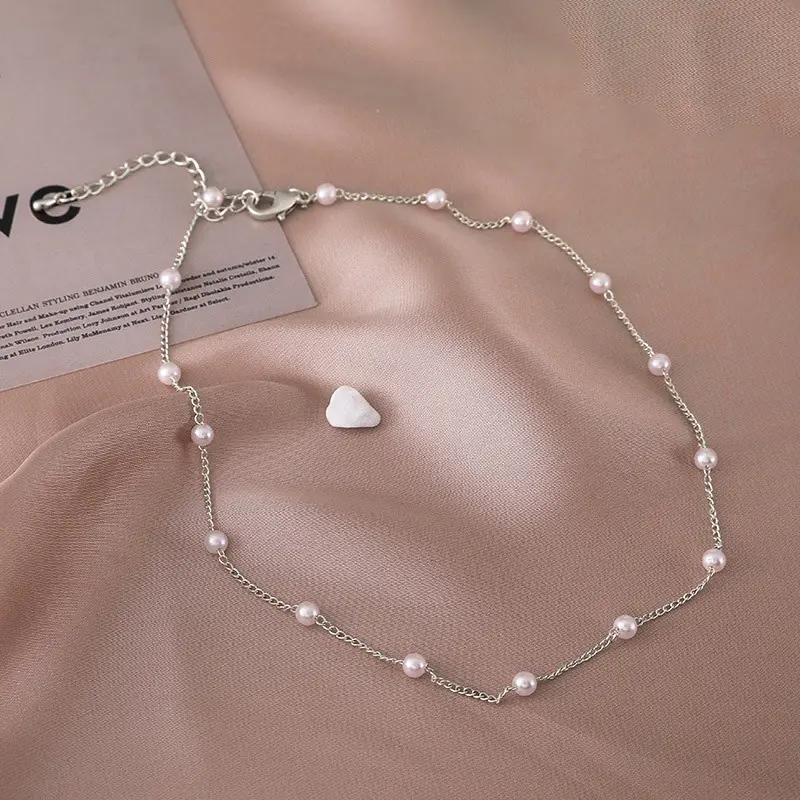 LEERE - Kalung Mutiara Korea Pendek Rantai Silver Wanita Sederhana Serbguna ​Niche Clavicle Rantai Hadiah Aksesoris Fashion 6