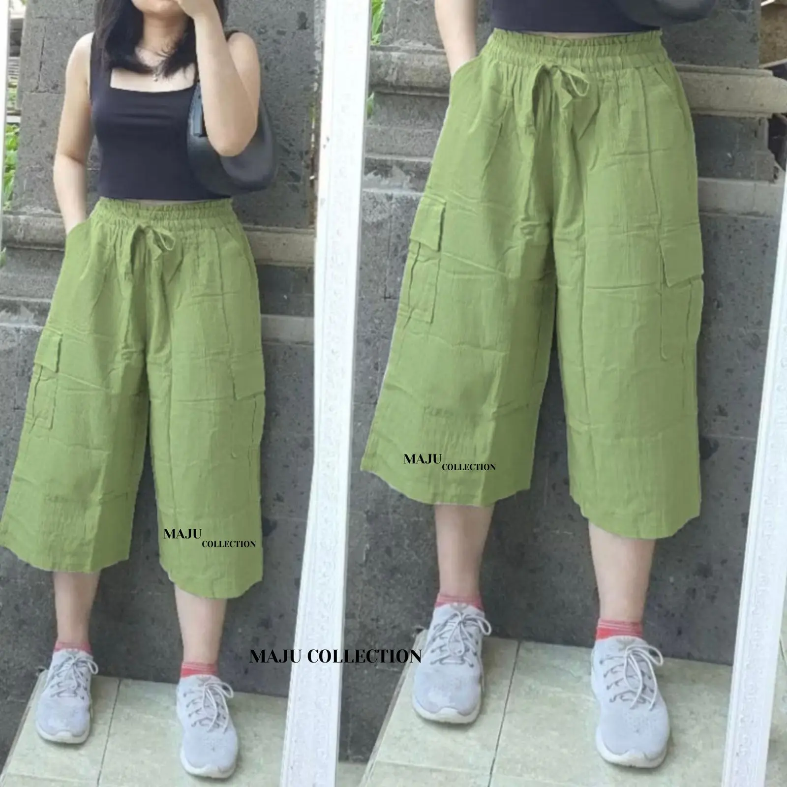 Celana Kulot 7/8 Cargo Bahan Linen Premium Kekinian Pinggang Karet Celana Wanita Kulot Linen Standar Jumbo Terbaru Saku Cargo Premium