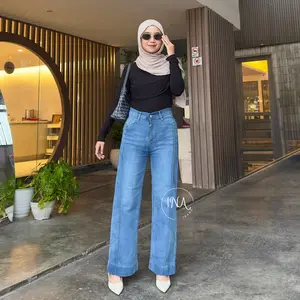 ina Jeans - Celana Jeans Panjang Highwaist Straight Wide Leg Loose Jeans Kulot Jeans Stretch - Celana Jeans Panjang Wanita Jumbo 27-42