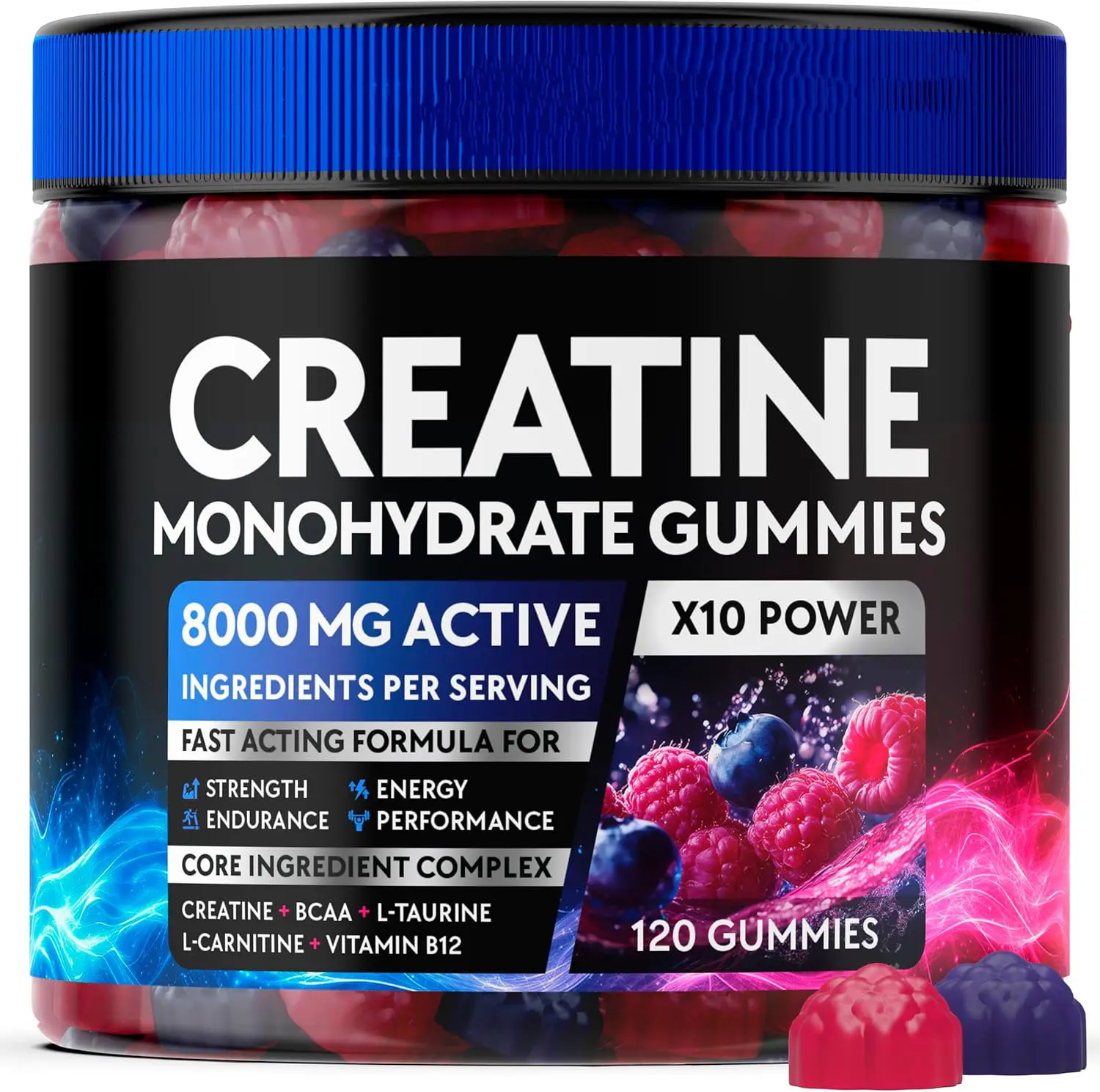 Creatine Monohydrate Gummies Complex 8000 MG for Men & Women, Preworkout Gummy with BCAA, L-Carnitine, Taurine & Vitamin B12 for Muscle Growth, Strength & Energy Support, Flavored and Chewable