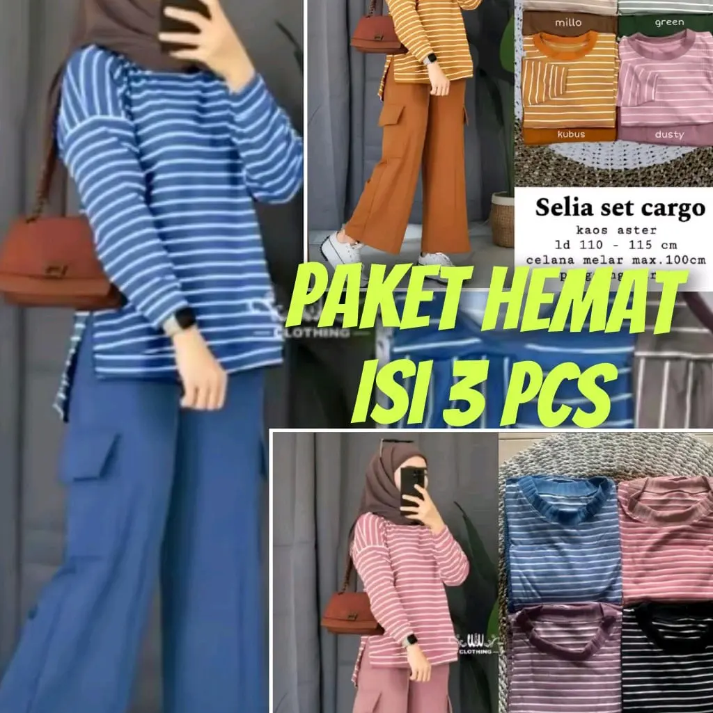 (Paket Bundling isi 3 Pcs) Setelan CARGO Salur Nyaman Lembut Panjang setelan Salur Katun Wanita Terbaru Navy Millo Hitam Marun dengan Lengan Kerut 7/8 Celana, Baju Muslim