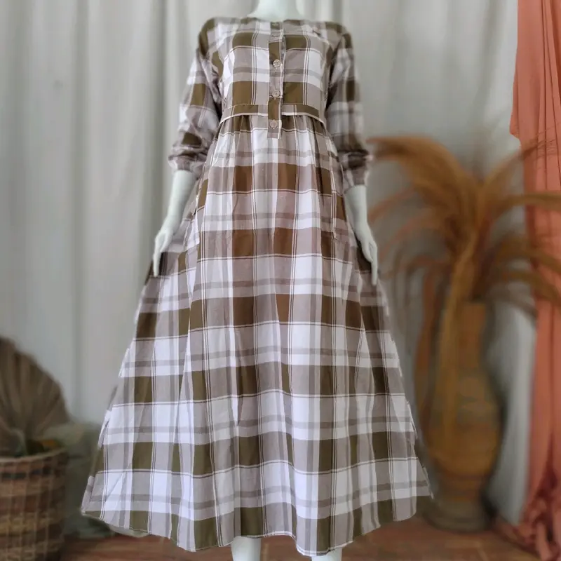 Gamis Triset katun haruka premium terbaru motif kotak elagand simple nyaman di pake halus lembut menyerap keringat bisa COD Kancing 1
