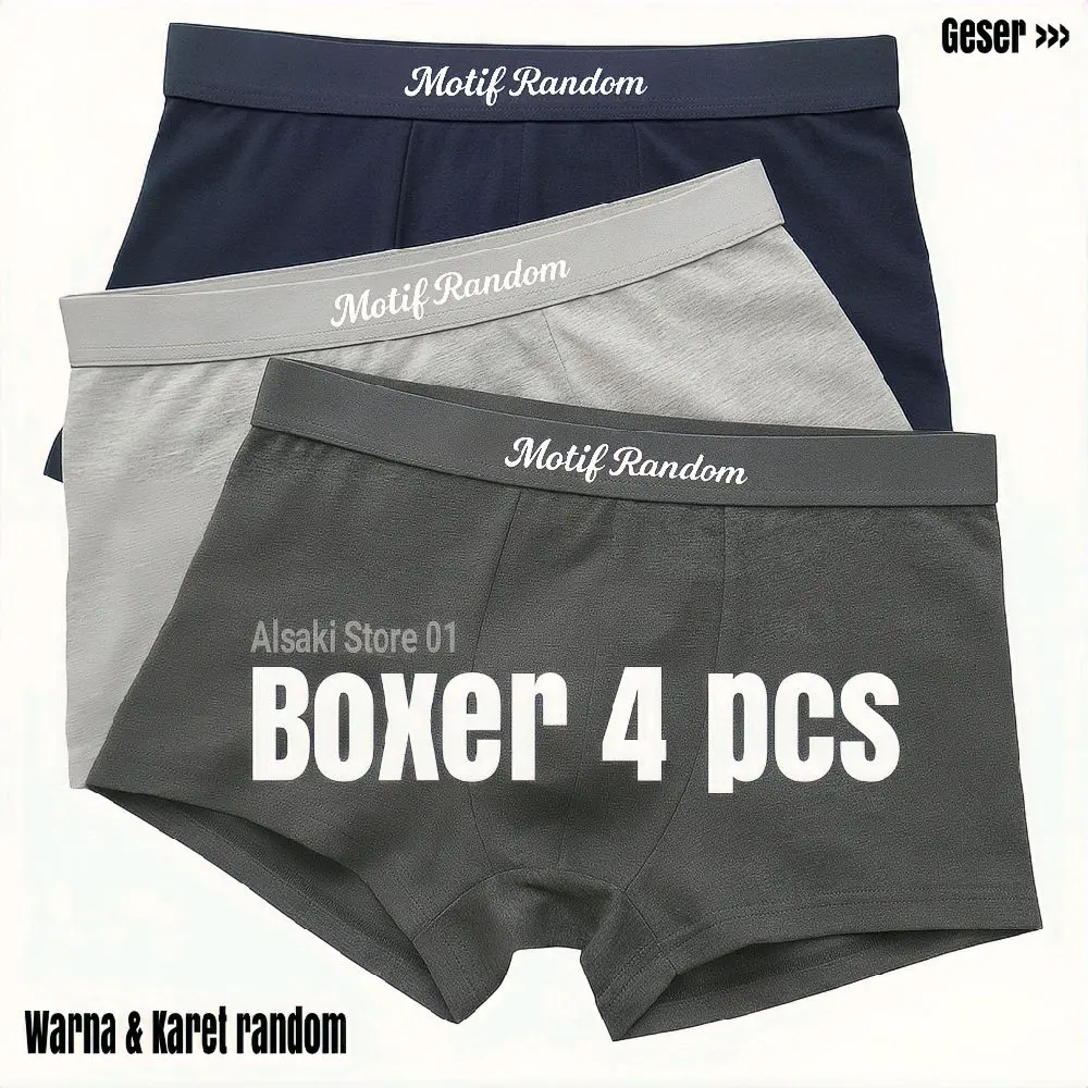 Paket 4 Pcs Celana Dalam Pria Polos Tebal Katun Spandex Dewasa Hitam Cowok Pendek Boxer Karet Motif Mix Nyaman Lembut Spandex regular Spandex L Kotak Remaja sempak baru celanada lampriamurah