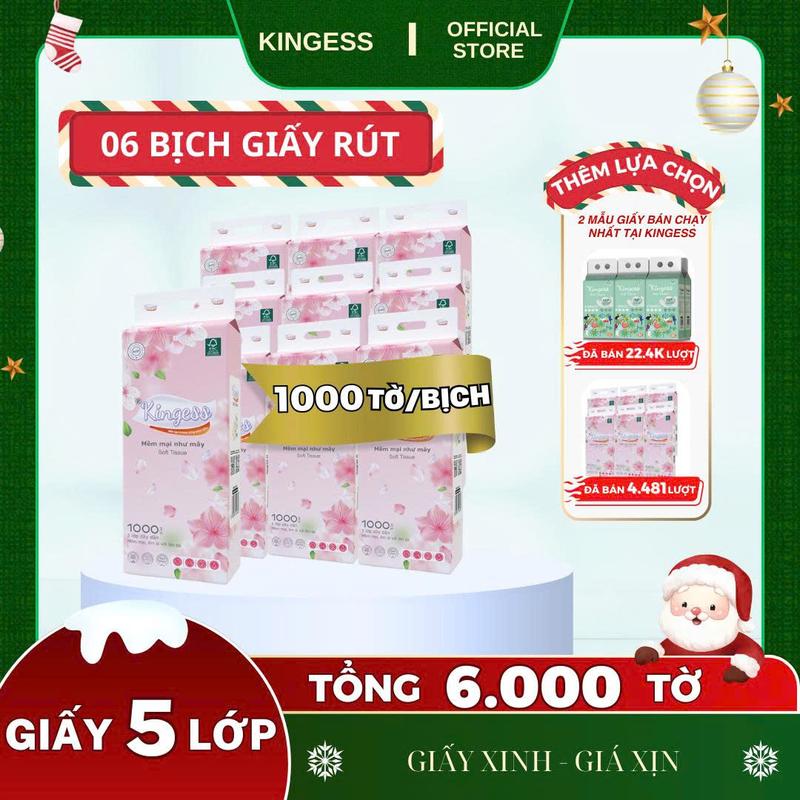DEAL LIVE SIÊU TIẾT KIỆM 99K 6 BỊCH Khăn Túi giấy Rút Đáy Giấy Treo Đa Năng Cao Cấp KINGESS Phiên Bản Hồng Hoa Anh Đào 1000 Tờ túi 5 lớp mềm mịn không huỳnh quang không chất tẩy trắng không hương liệu không ô nhiễm môi trường + Móc treo tường