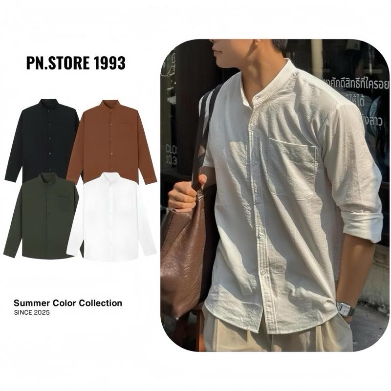 Áo sơ mi cổ tàu PN Store chất Đũi Form Reguler Menswear Nam Đen