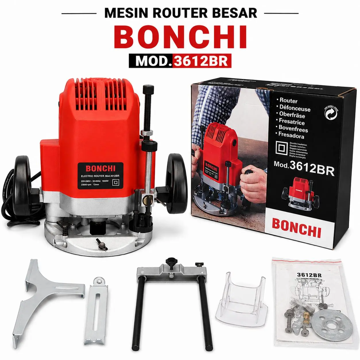 Bonchi Mesin Router Mod.3612BR / Bonchi  Profil Kayu Besar / Wood Trimmer Profesional / 3612BR 220V 1800W 23000RPM / Bahan Berkualitas Tinggi RECOMENDED.