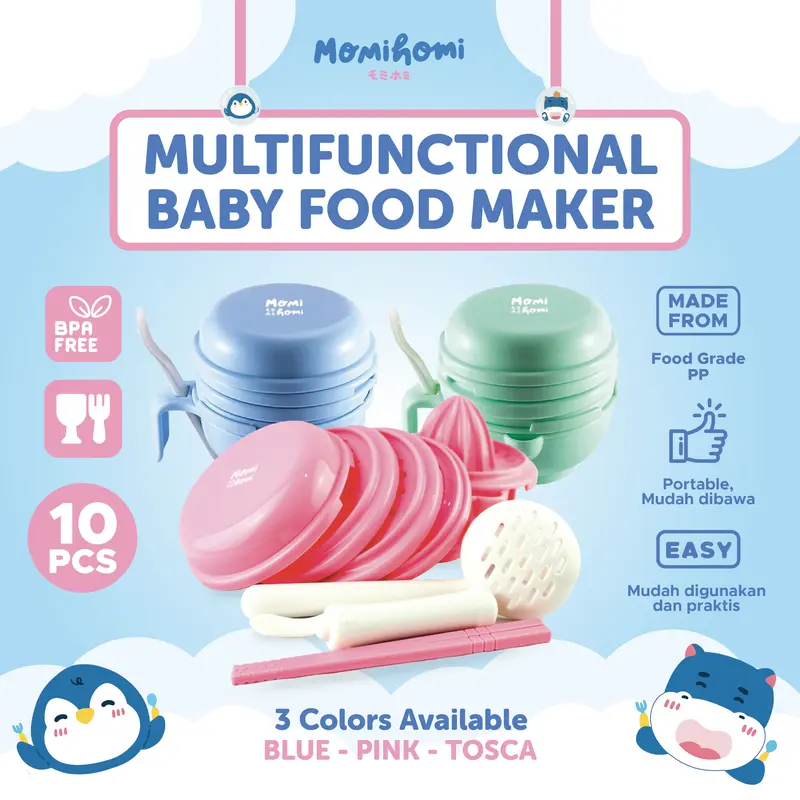 MOMI HOMI Baby Food Maker Grinding Bowl Alat Pembuat Makanan Bayi MPASI Anak set isi 10 pcs Mangkok Tempat Makan Pembuat Makanan Jus Buah Bayi Manual 10 IN 1 Biru 0