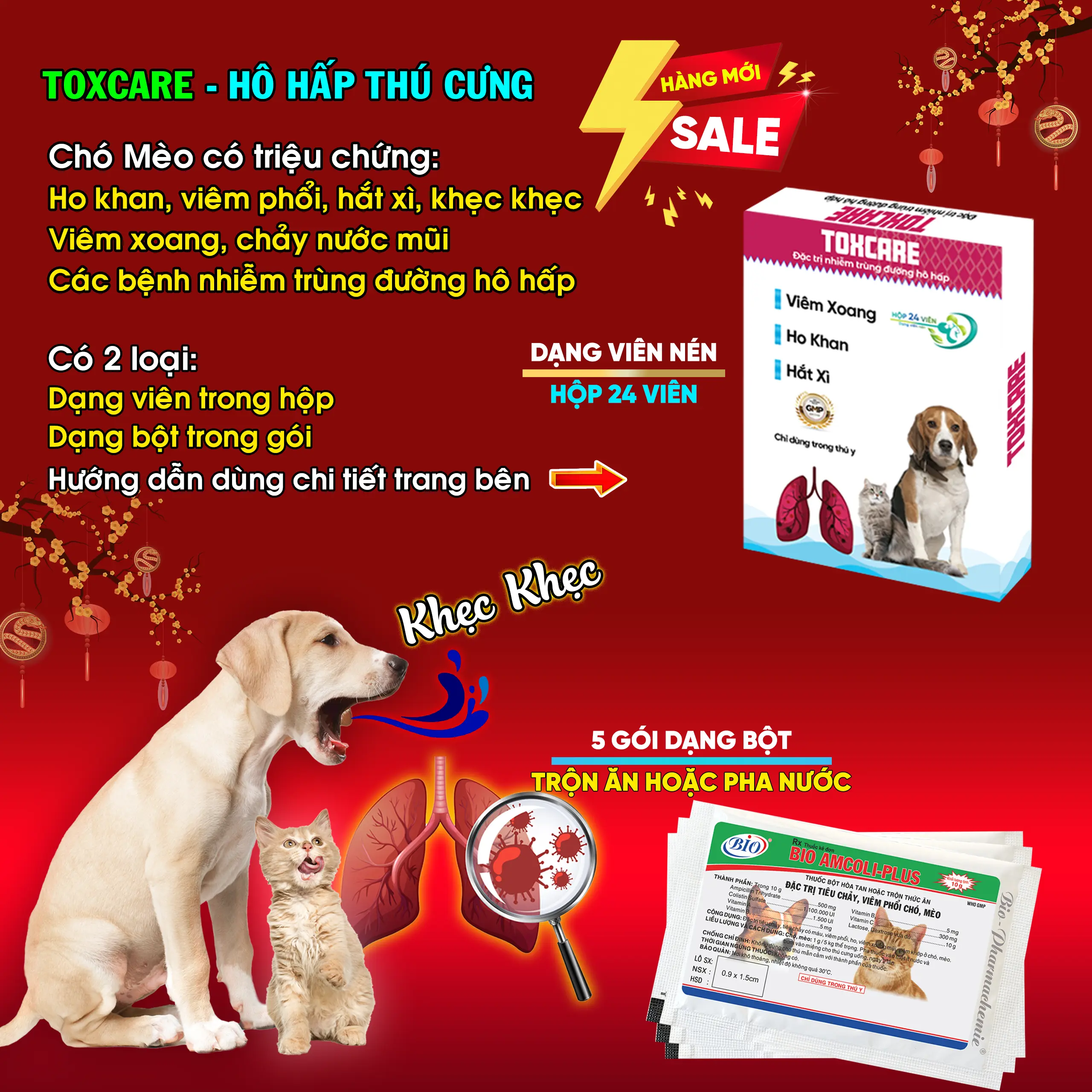 TOXCARE Trị Ho, Hắt Xì, Viêm Phổi, Viêm Xoang, Tiêu Chảy Chó Mèo