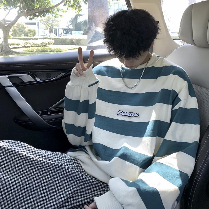 Áo len sọc nam, không mũ, mùa xuân và mùa thu, Cặp đôi, tay áo rộng rãi, thời trang hàng đầu, INS Thương Hiệu Thời Trang đa năng, phong cách Hồng Kông, đường phố cao cấp