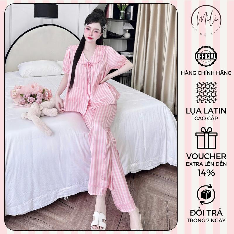 Đồ Bộ Pijama Nữ Tay Ngắn Phối Cổ Sen 2 Túi Thắt Nơ Xinh MiLi – Áo Tay Ngắn Quần Dài Có Túi – Vải Lụa Latin Mềm Mịn Cao Cấp