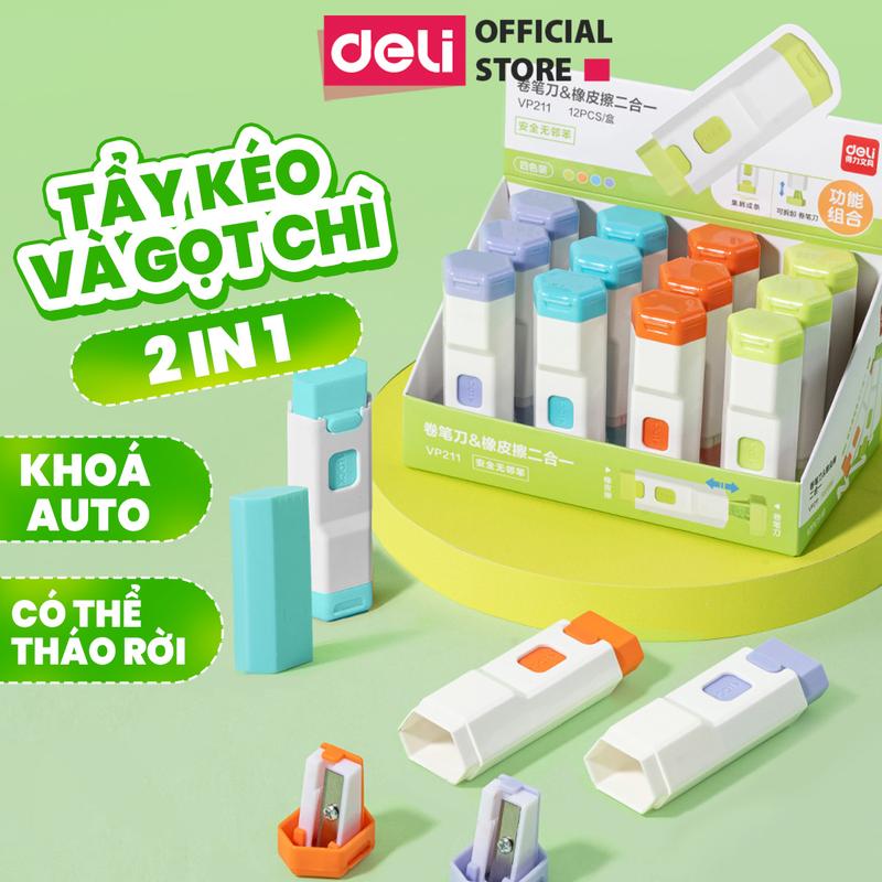  Tẩy kéo và gọt chì 2 trong 1 Deli - 4 màu cực xinh đồ dùng học tập 2in1 thông mịnh vô cùng tiện lợi sạch sẽ cho học sinh 