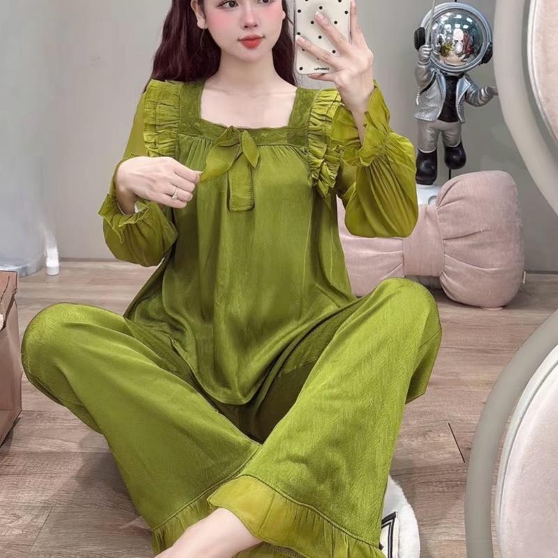 Đồ bộ nữ mặc nhà dành cho nữ tay dài cổ vuông phối voan bèo tiểu thư Lụa Xước màu dễ thương phù hợp sz 40-60kg mặc bốn mùa