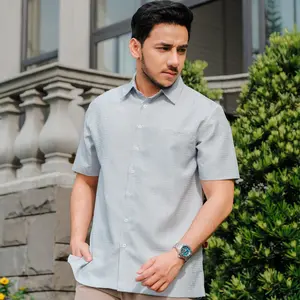 H SOCIETY  Koko Bilal Pria Dewasa Kemeja Koko Lengan Pendek Regular Fit Dusty Blue Premium Cotton Dobby dengan Saku dan Kancing Hidden Button