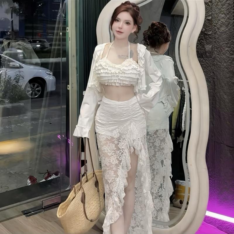 Đồ bơi đi biển ba món BRA LƯỚI TẦNG phối váy ren xẻ tà hàng thiết kế cao cấp