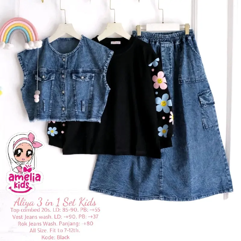 Aliya 3 in 1 Kids Baju Anak Amelia Kids Baju Anak Usia 7-12 Tahun Setelan Rok Jeans Anak Model Terbaru BAJU ANAK VIRAL BAJU ANAK KEKINIAN AMELIA KIDS 0