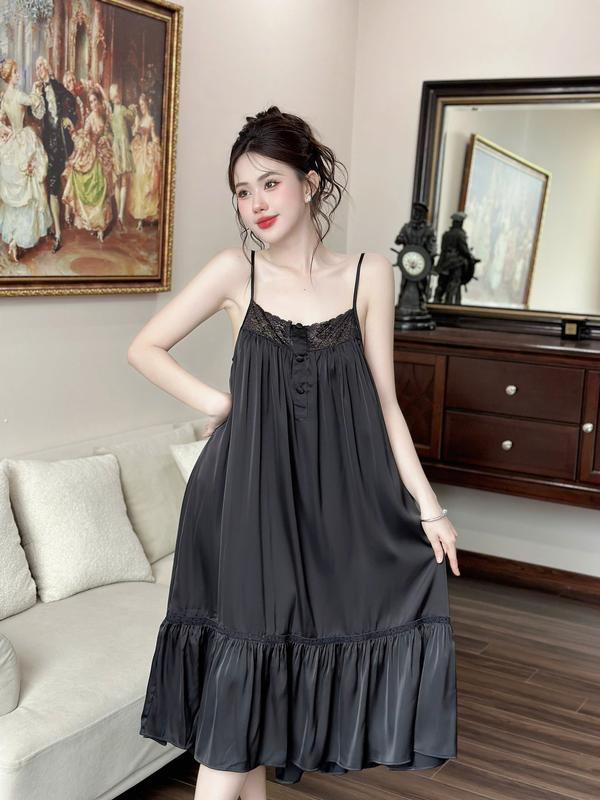 SIZE 45KG-90KG Đồ Ngủ Nữ Đồ Bộ Nữ Đồ Mặc Nhà Đồ Ngủ Xinh. Đầm Váy 2 Dây Phối Ren Nút Bọc Vải Lụa Latin Cao Cấp. Women Cute Pijama