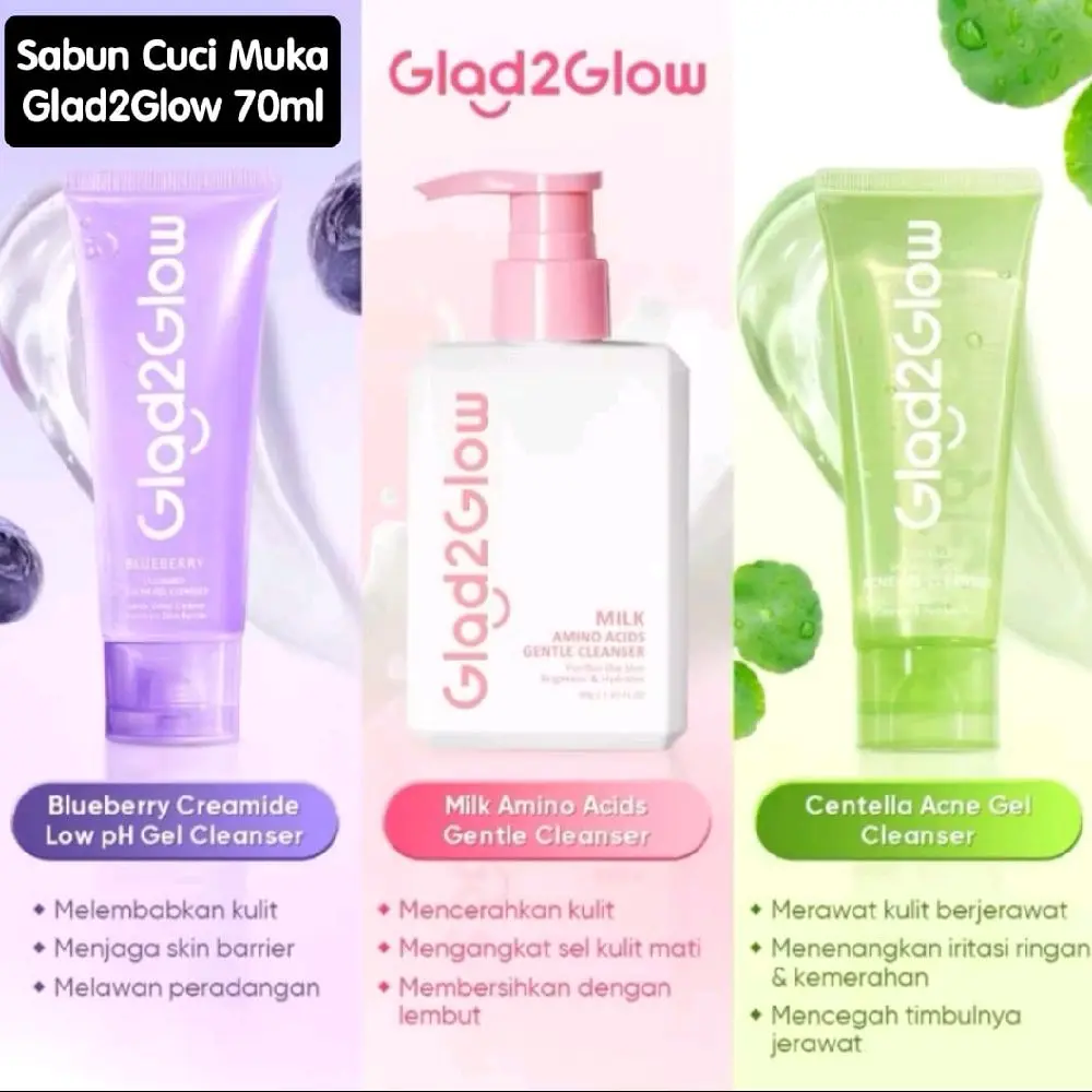 Glad2Glow Blueberry Ungu Gel Cleanser Sabun Cuci Muka Face Wash Pembersih Wajah 1 x 70ml ( Expired 2026 )