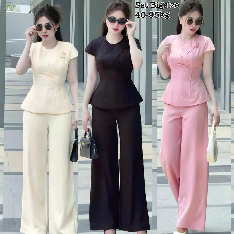 Thời Trang Bigsize - Set Bộ Dài Tay Ngắn Công Sở Bigsize Cổ Tròn Đính Hoa Quần Ống Suông Lụa Chéo Thái Thiết Kế Tôn Dáng Dự Tiệc Nữ Cao Cấp Xinh Đẹp Sang Trọng 50-95kg 2465 Màu Đen Set Đồ Nữ đẹp Set Áo Croptop Bộ Suit Nữ Sang Chảnh Bigsize Women