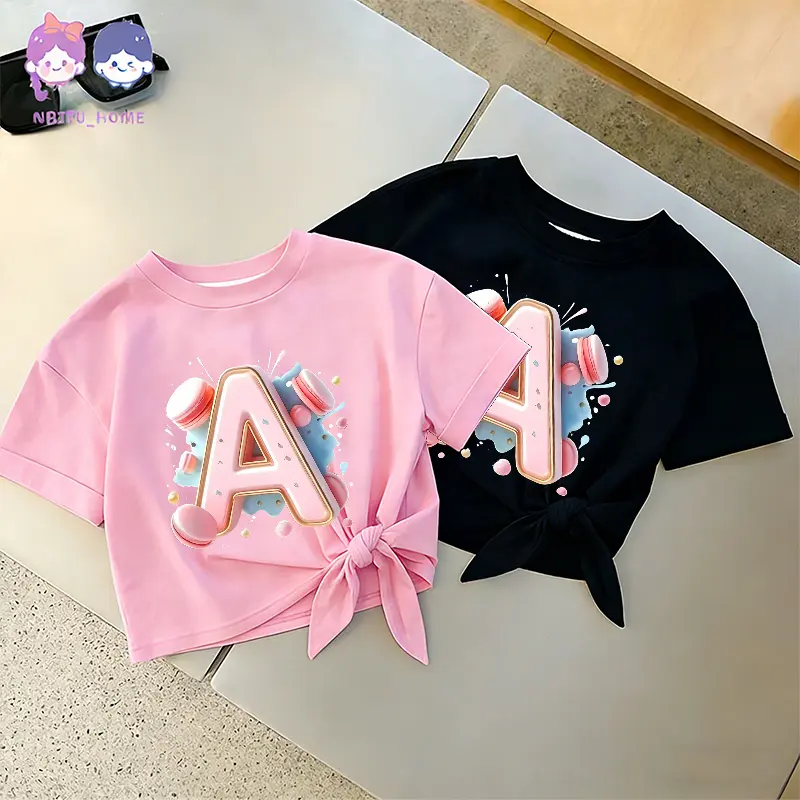 【NAIFU】Kaos Ikat pinggang Oversize|Kaos anak perempuman| Kaos anak Desain tali samping |Baju Anak Perempuan Motif Huruf Pink Nyaman Sehari-Hari | Usia 2-15 Tahun | Katun 100% /762-08
