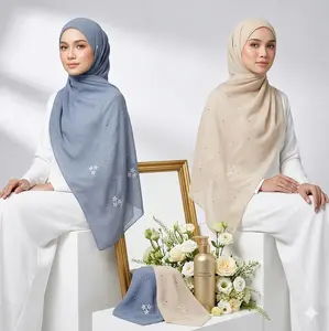 Hijab Segiempat Payet Tabur Mutiara Premium / Kerudung Voal Motif Bunga Mewah / Scarf Muslimah Elegant Seri Pastel