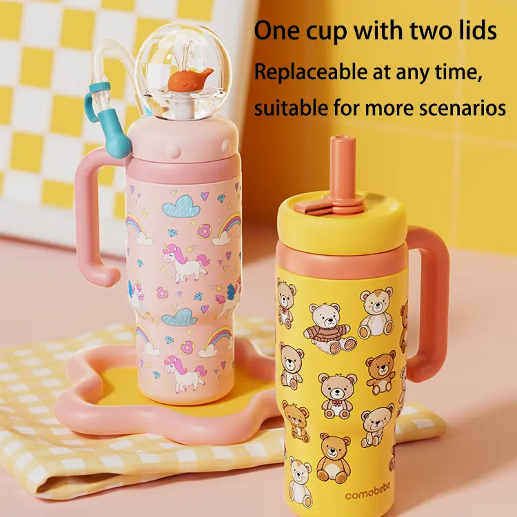 【COMOBEBE】24oz Stainless Steel Whale Fountain Tumbler with Handle – Two Lids, Spill-Proof, Dishwasher Safe, Cute & Perfect for Kids, Teens, and Adults 1