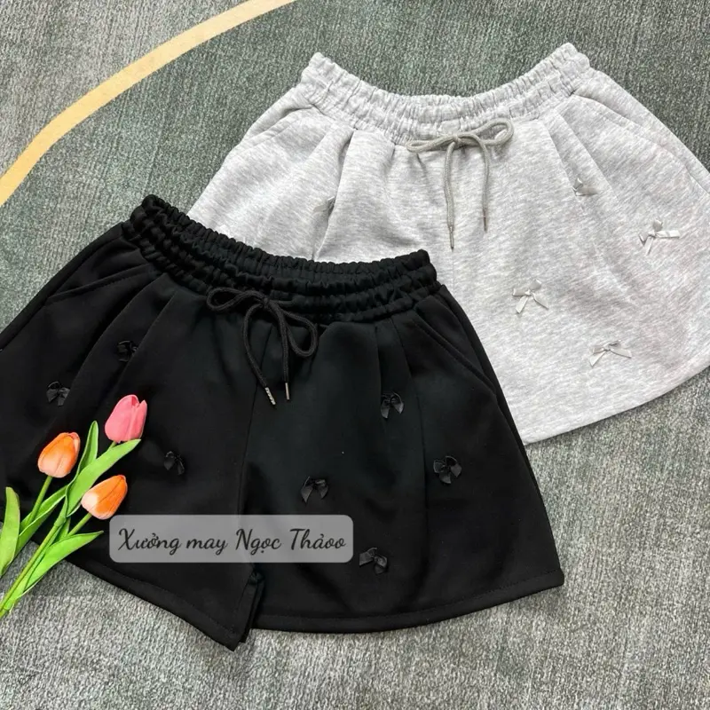 Quần sooc vải 2 da đính nơ siêu xinh đủ màu đen-ghi có size 70 kg  [ Xưởng may Ngọc Thảoo]