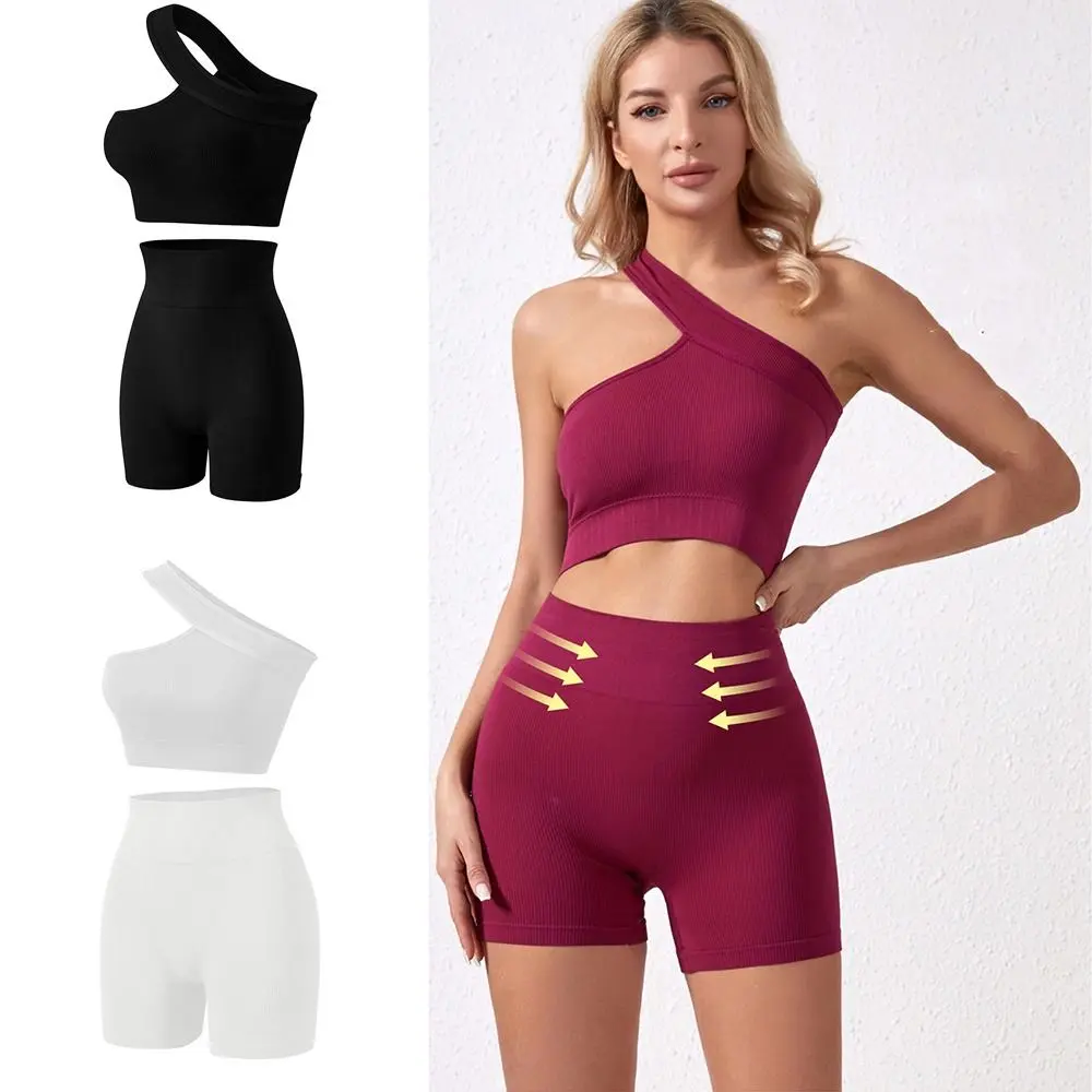 2Pcs Reusable Seamless Women Workout Sets High Waist One Shoulder Yoga Outfits Ribbed Tank Tops Sports Bra Fitness