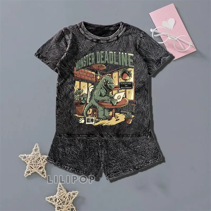 Majin  Fashion Anak Unisex Stelan Stone Wash 3/4 Cocok untuk Anak Laki-laki dan Perempuan DINO TREX Stylish Setelan 4