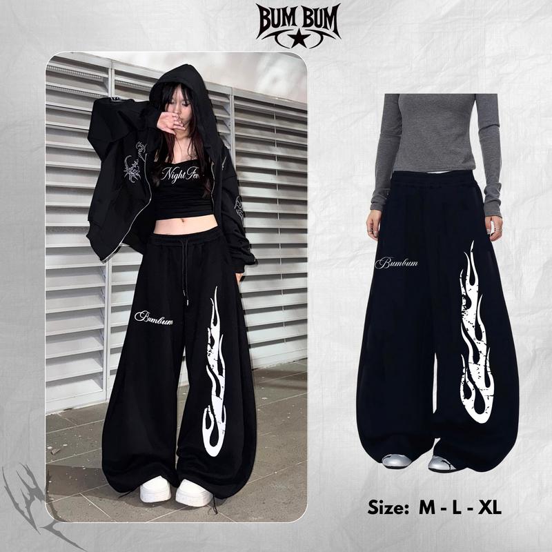   DEAL MỞ BÁN  Quần Nỉ Ống Cong Hình In Lửa - Quần Nỉ Hai Da  không xù lông  - Bum Bum Stu 