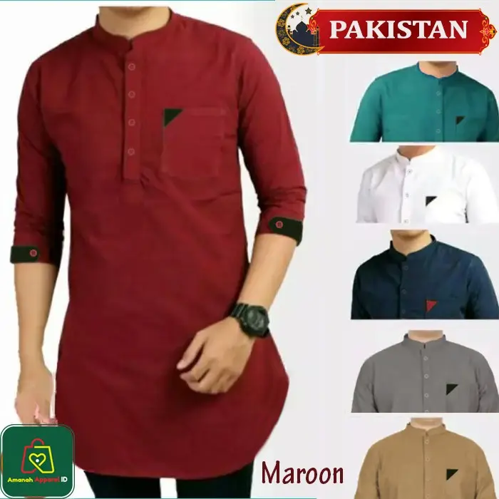 Baju Koko Pria Muslim QURTA PAKISTAN TOYOBO JUMBO M - XXXL / 23448 - Maroon, M Kancing Katun