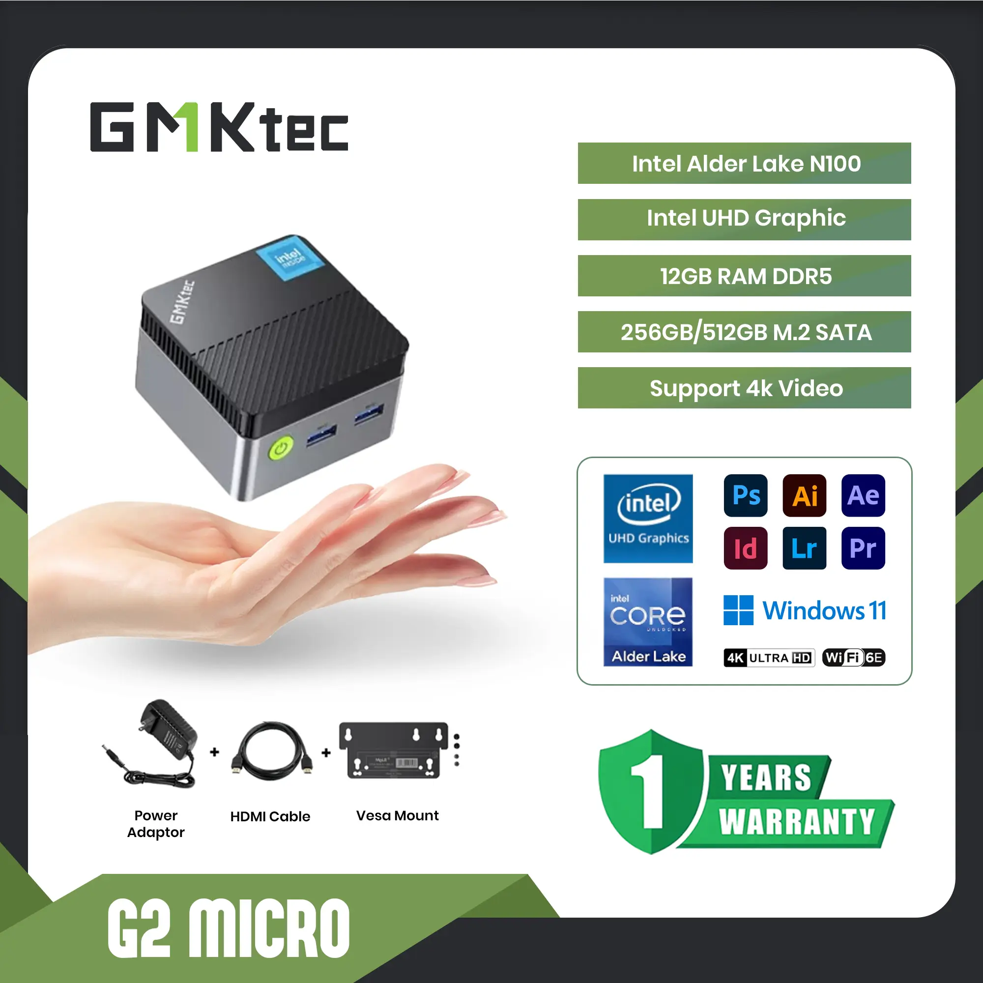 Mini PC Intel Alder Lake N100 GMKTEC G2 12GB RAM DDR5 256 SSD NVME DUAL LAN - Win 11 pro