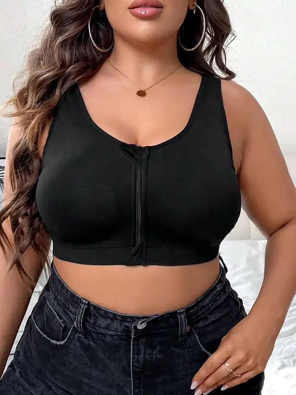 【Plus Size】 Solid Front Zipper Bralette, Casual Comfy Breathable Seamless Hollow Out Bra for Daily Wear, Women's Plus Size Lingerie for All Seasons 2