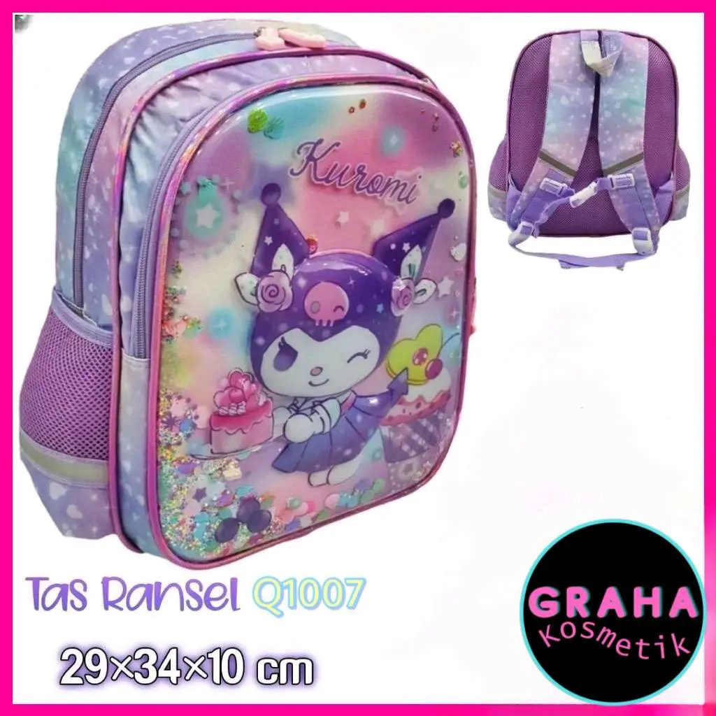 Tas Ransel Kuromi size TK dan SD / Tas Sekolah Anak Motif Kuromi / Backpack School Kuromi Gliter / Tas Sekolah Anak Perempuan TK / Tas Gendong Anak Girl