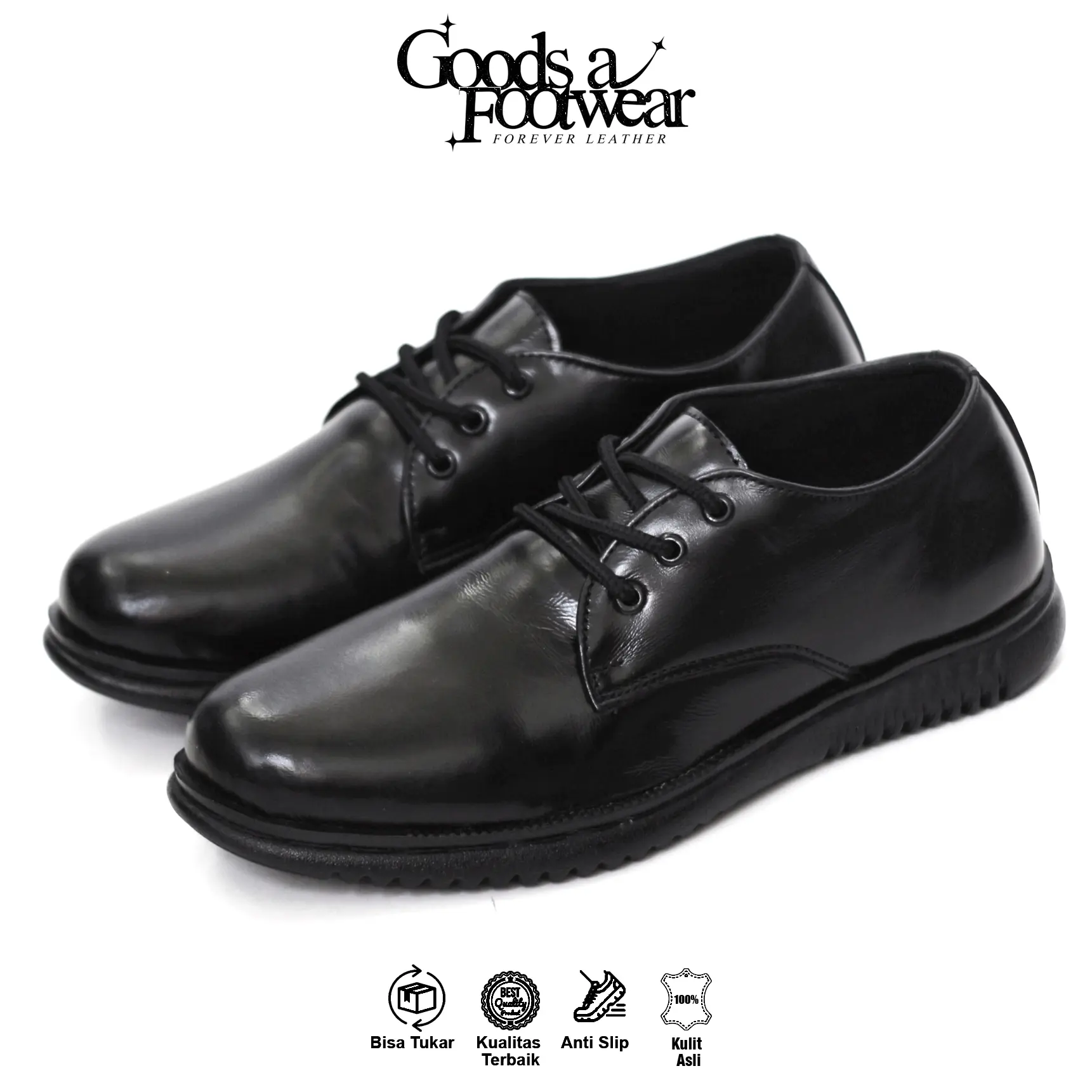 REX - Sepatu Formal Pria Kulit Asli Pantofel Oxford Hitam Kerja Kantoran Guru Pns