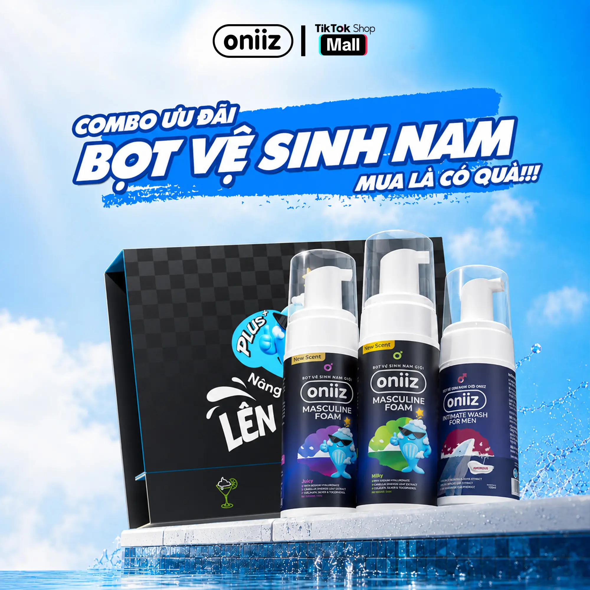 Combo Bọt vệ sinh nam giới Oniiz hương nước hoa 100ml , Dung dịch vệ sinh Masculine Foam Oniiz  hương cocktail 145ml