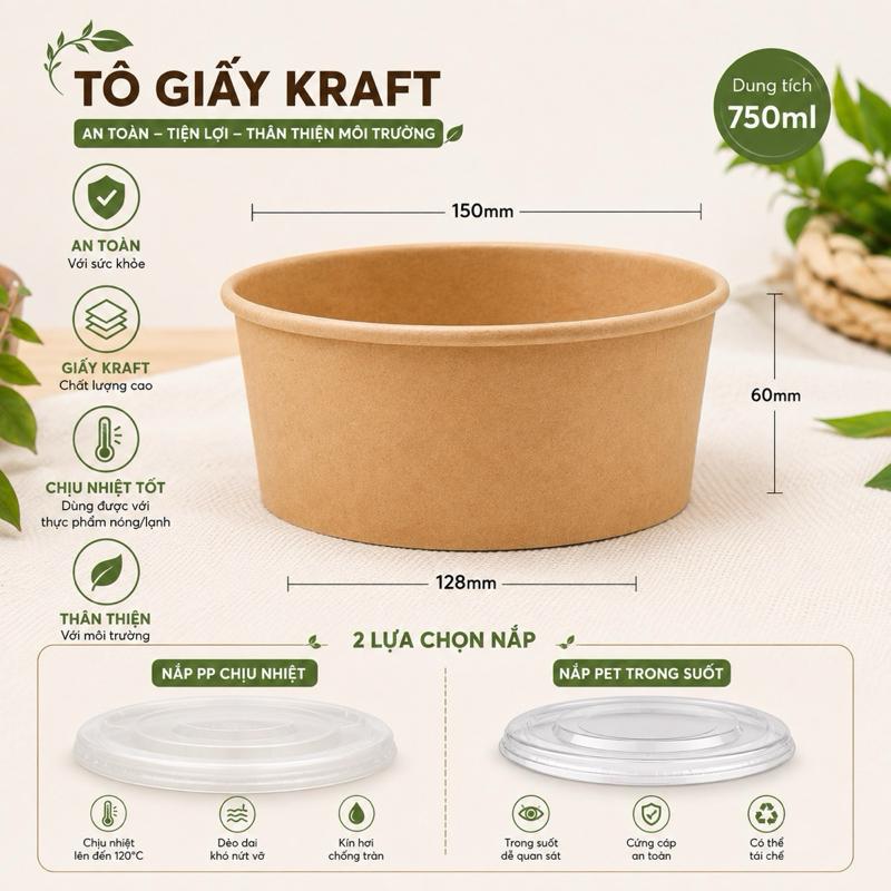 Sỉ 1 thùng 500 tô giấy 750ml kèm nắp tuỳ chọn