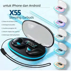 [GIFT LANYARDS] X55 Earphone Tidur Suara Stereo Level HiFi, Tahan Air iPX5, Mikrofon Internal, ENC Noise Reduction Layar Digital Cerdas Kontrol Sentuh Ultra Long Standby untuk iPhone dan Android earphone & headphone wireless in headset