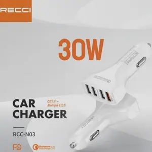 Recci Car Charger RCC N03 2.4A Empat USB Putih Aluminium Alloy Housing QC3.0 Quick Charge 30W Adaptor Mobil