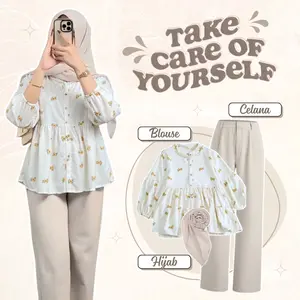 One Set Outfit Cewek Remaja Style (Blouse Korean Style + Celana Kulot Wanita + Hijab Segi Empat) || Set OOTD Wanita Kekinian RO085