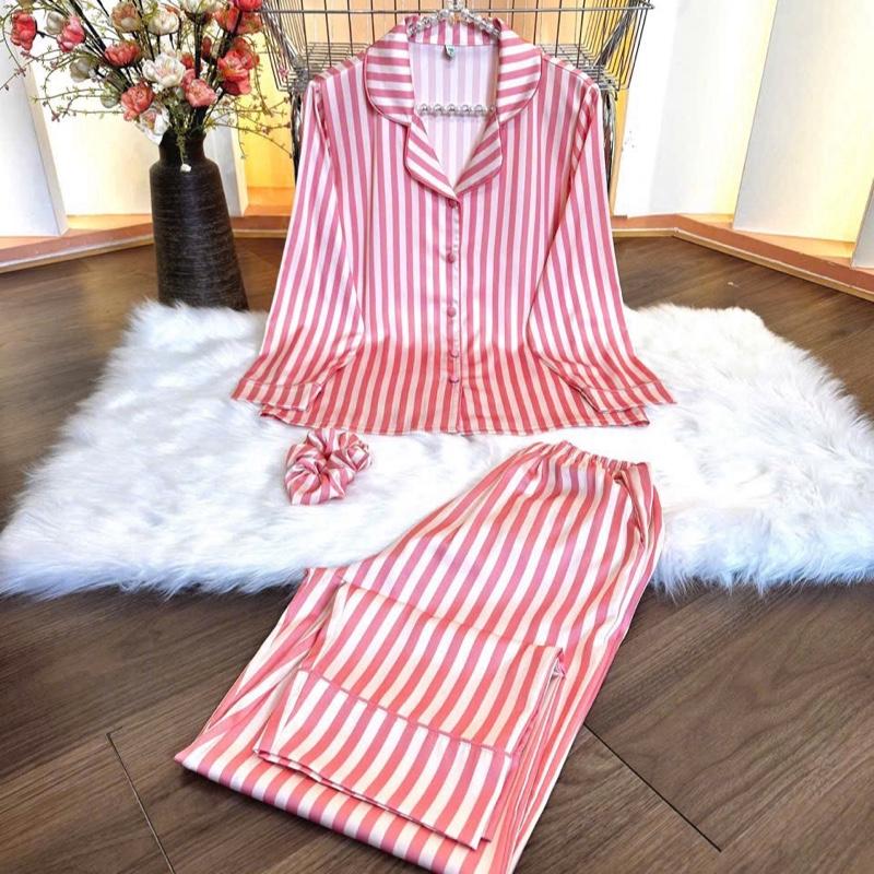 LATIN SPK SỌC HỒNG (45-85kg) - Pijama latin lụa mịn thiết kế hoạ tiết sọc phối nền hồng dễ thương sang trọng, có tay ngắn tay dài, đủ size 45-75kg Nữ Women Quần Ngủ