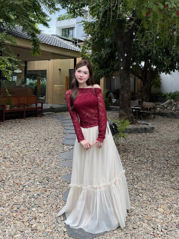Set áo ren tay dài lệch vai kèm áo quây chân váy voan tầng lưng chun Ảnh thật/Sẵn